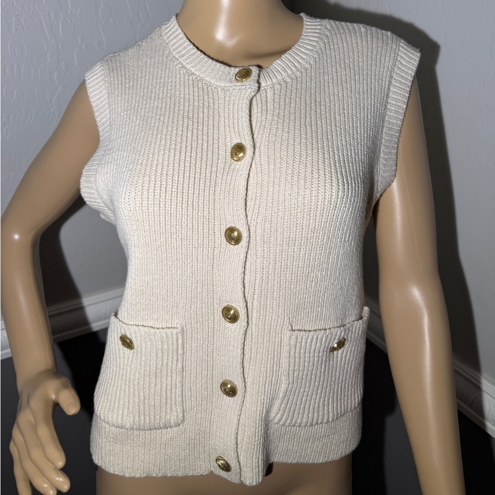 Song of Style Aimee Song Knit Vest Large Beige Ribbed Sweater Vest Gold Buttons